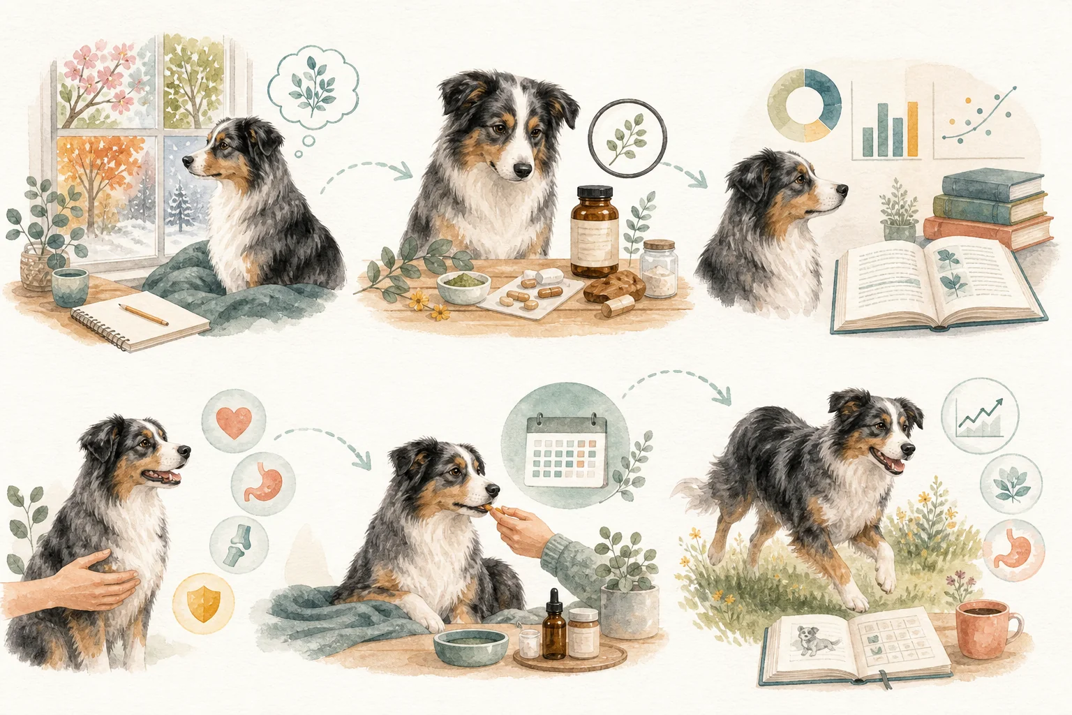 Illustrated owner guide for seasonal and life-stage supplement review for dogs