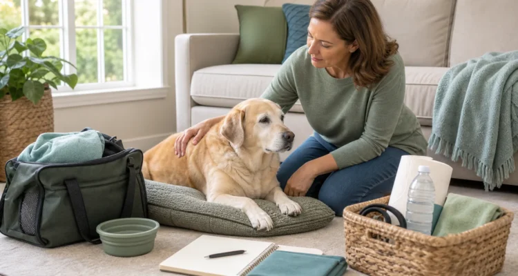 Healthy Paws Essentials scene illustrating home emergency plan for senior dogs with mobility issues