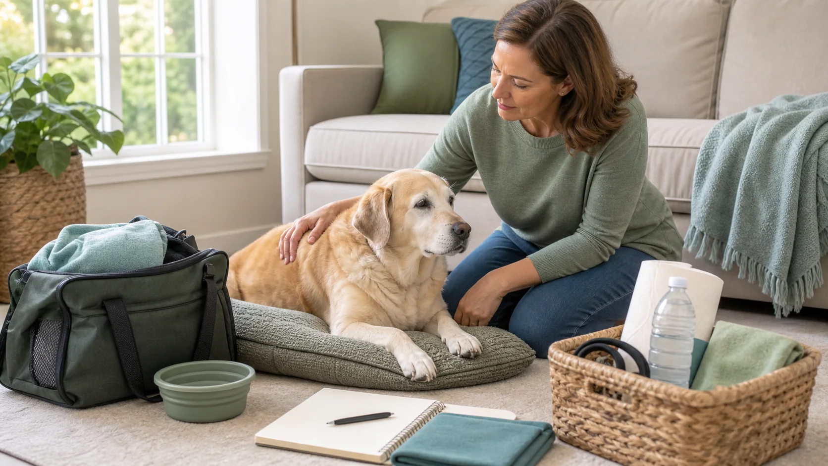 Healthy Paws Essentials scene illustrating home emergency plan for senior dogs with mobility issues