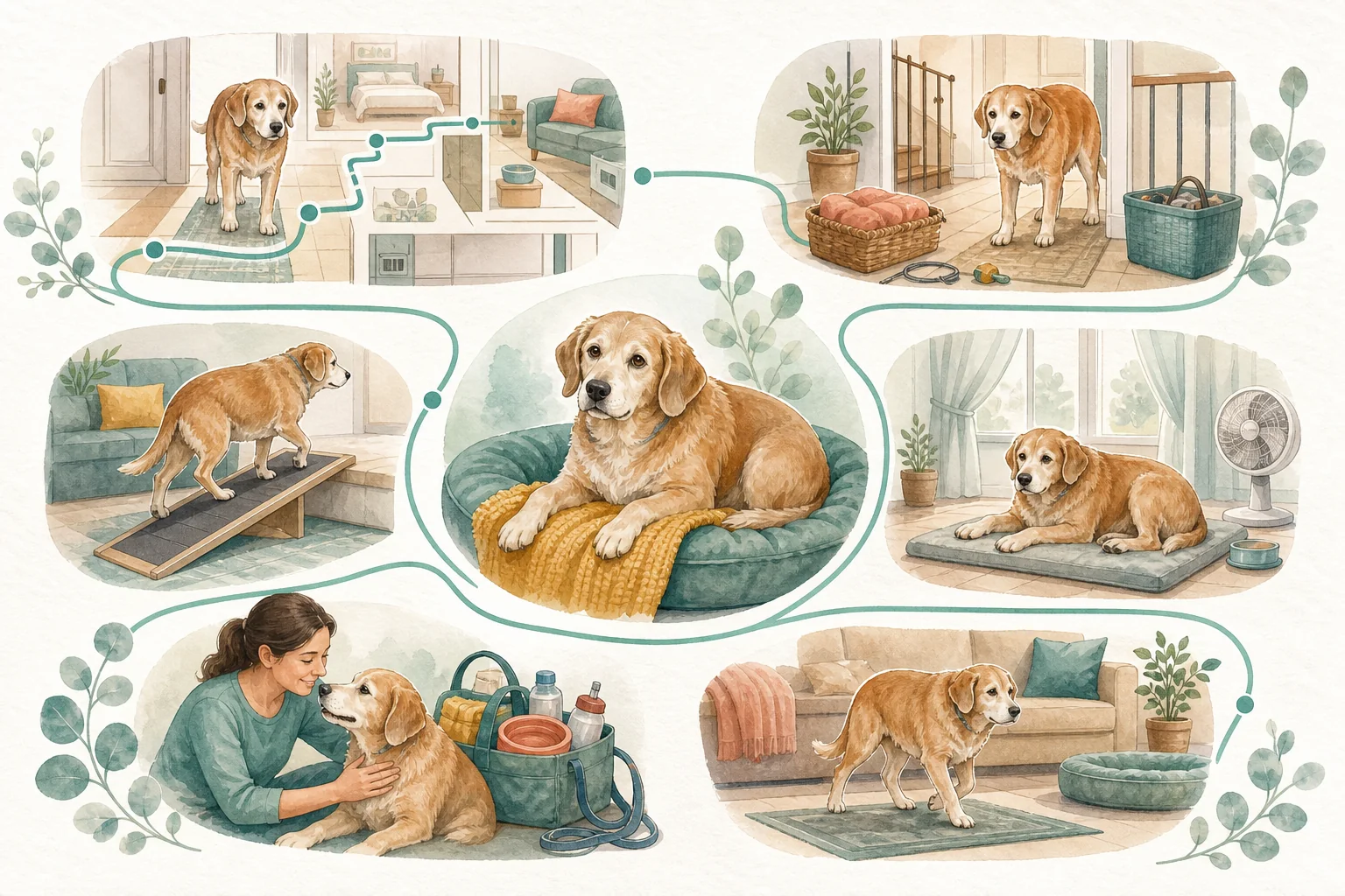 Illustrated owner guide for home emergency plan for senior dogs with mobility issues