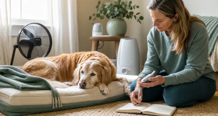 Healthy Paws Essentials scene illustrating home temperature and humidity plan for senior and mobility-limited dogs