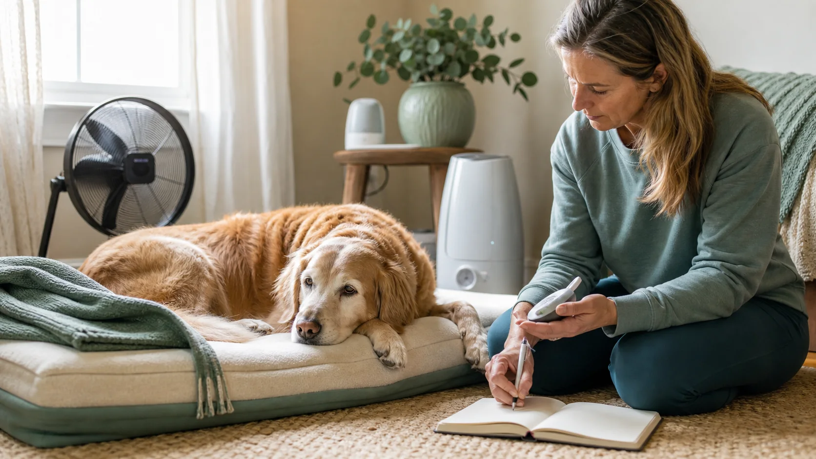 Healthy Paws Essentials scene illustrating home temperature and humidity plan for senior and mobility-limited dogs