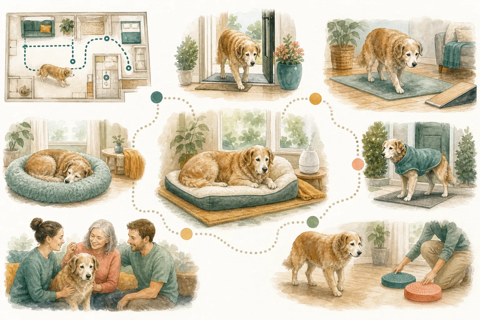 Illustrated owner guide for home temperature and humidity plan for senior and mobility-limited dogs