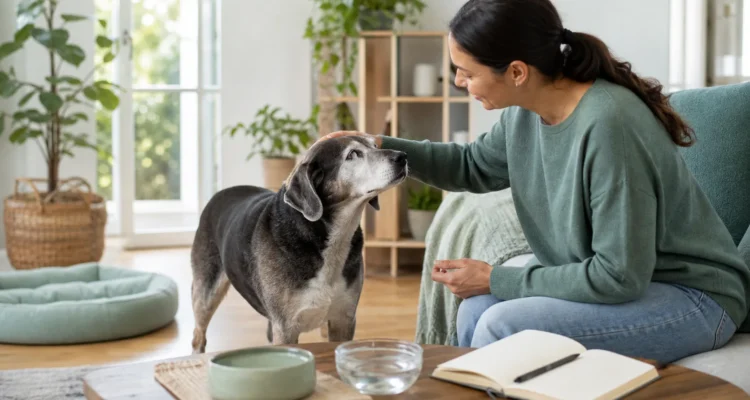 Healthy Paws Essentials scene illustrating signs and day-to-day care for senior dogs with kidney-related changes