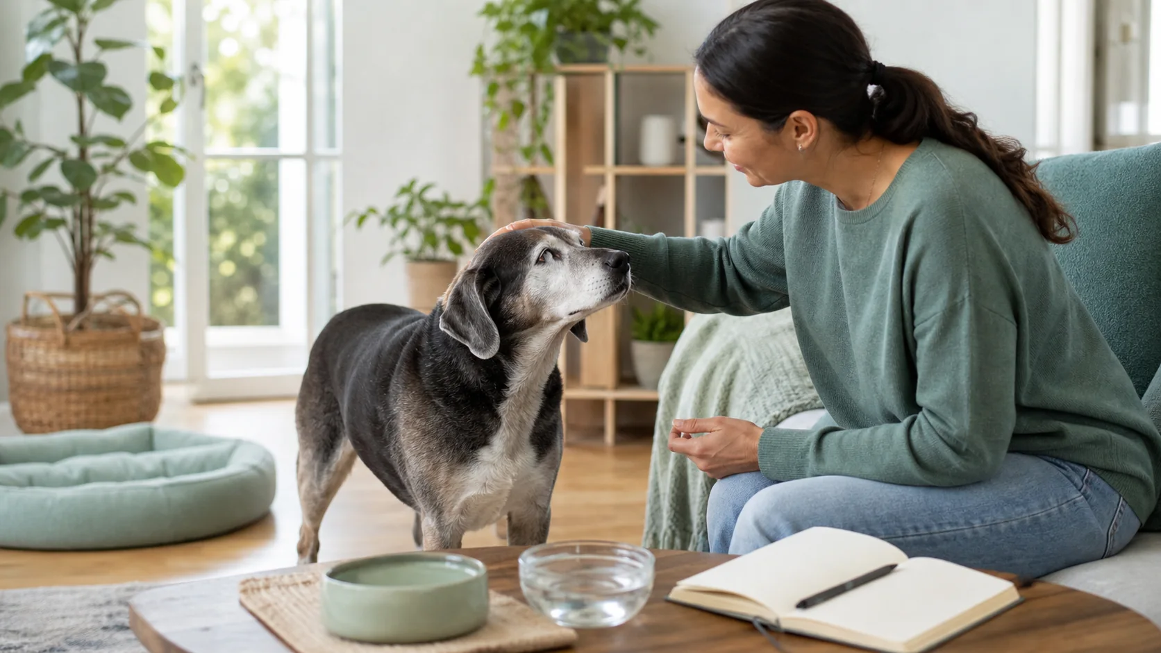 Healthy Paws Essentials scene illustrating signs and day-to-day care for senior dogs with kidney-related changes