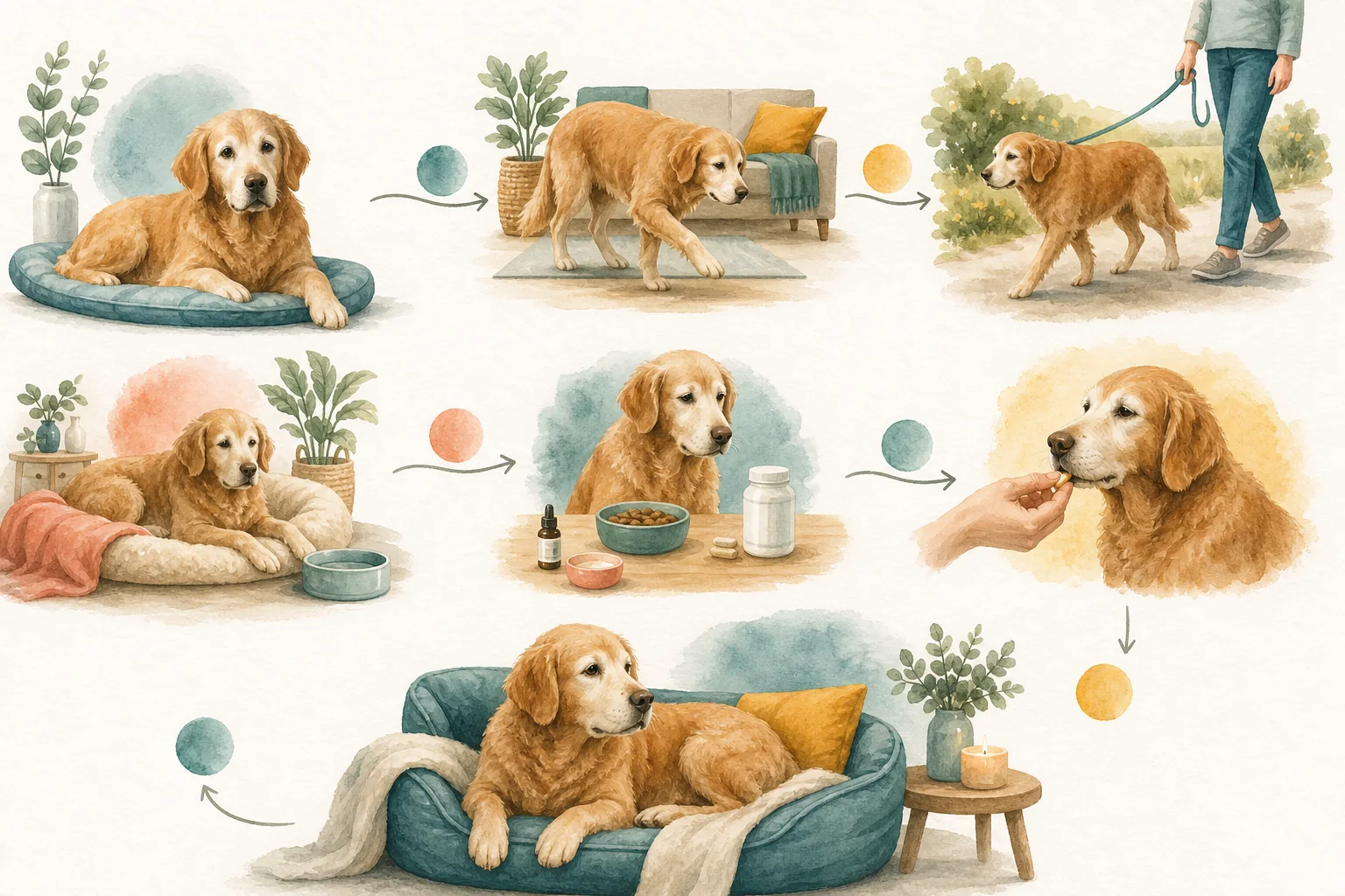 Illustrated owner guide for signs and day-to-day care for senior dogs with kidney-related changes