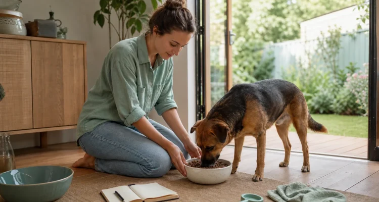 Healthy Paws Essentials scene illustrating feeding and yard practices to reduce parasite risk and gut upset in dogs
