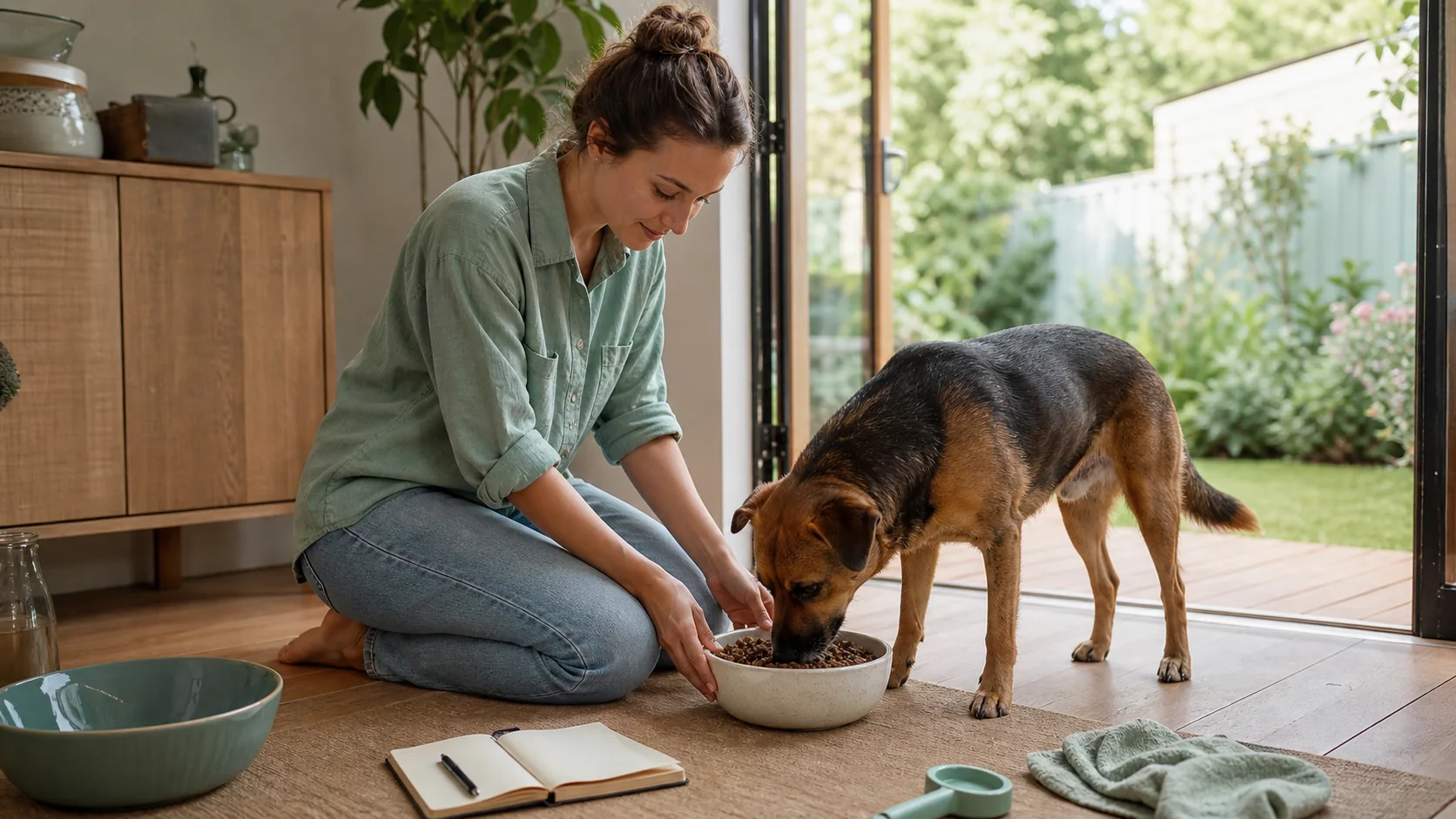 Healthy Paws Essentials scene illustrating feeding and yard practices to reduce parasite risk and gut upset in dogs