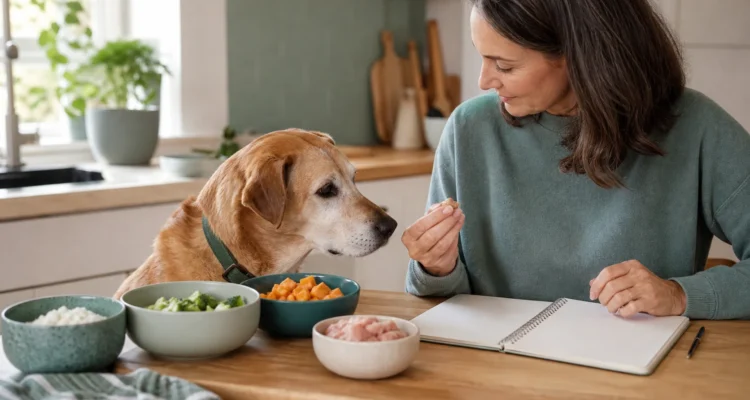 Healthy Paws Essentials scene illustrating food and treat safety checklist for senior dogs with kidney or metabolic concerns