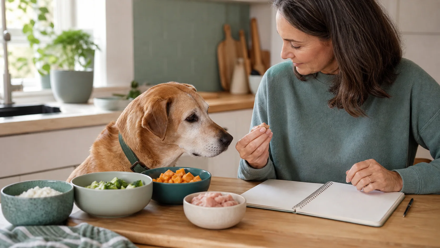 Healthy Paws Essentials scene illustrating food and treat safety checklist for senior dogs with kidney or metabolic concerns