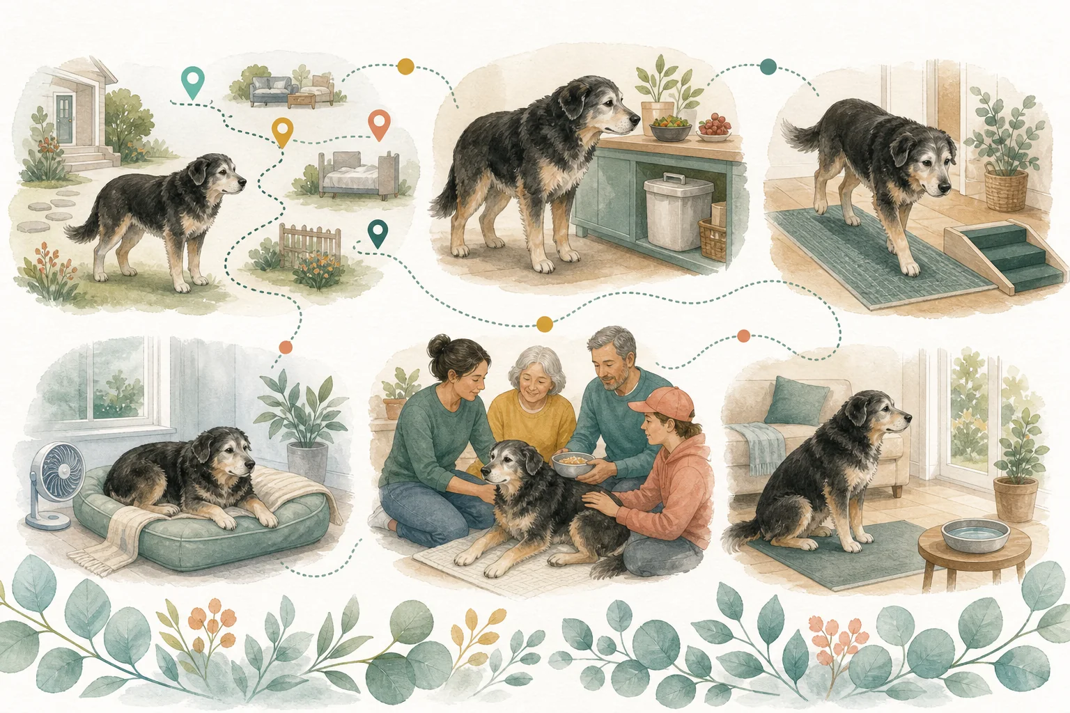 Illustrated owner guide for food and treat safety checklist for senior dogs with kidney or metabolic concerns