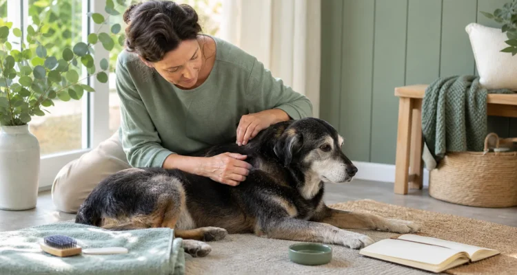 Healthy Paws Essentials scene illustrating grooming and skin & coat inspection routine for senior dogs with parasite risk
