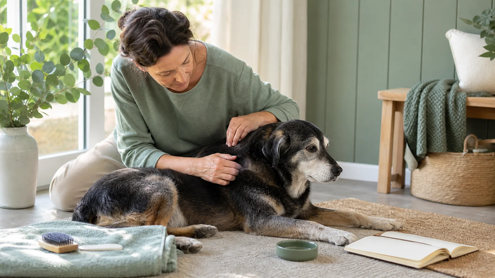 Healthy Paws Essentials scene illustrating grooming and skin & coat inspection routine for senior dogs with parasite risk