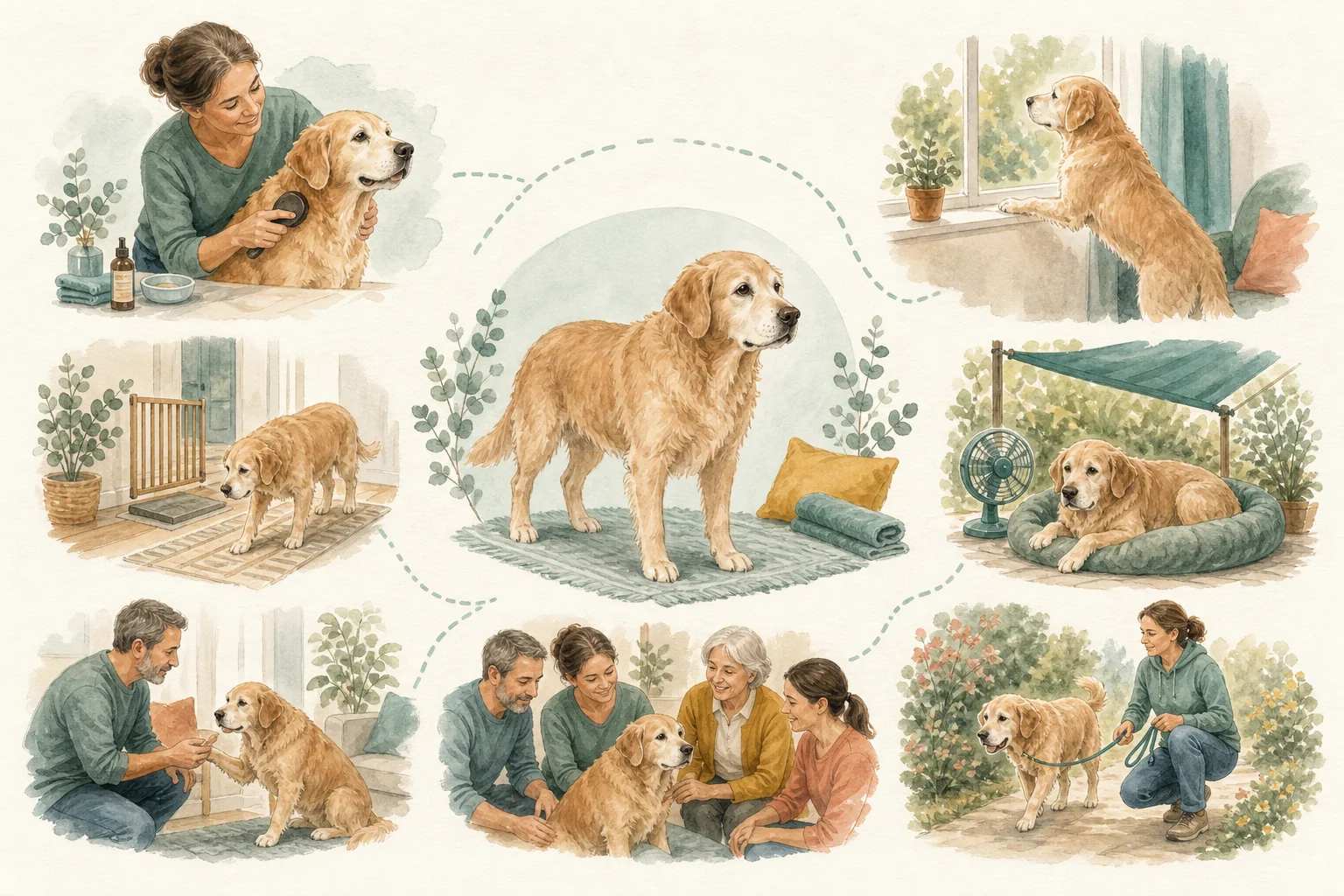 Illustrated owner guide for grooming and skin & coat inspection routine for senior dogs with parasite risk