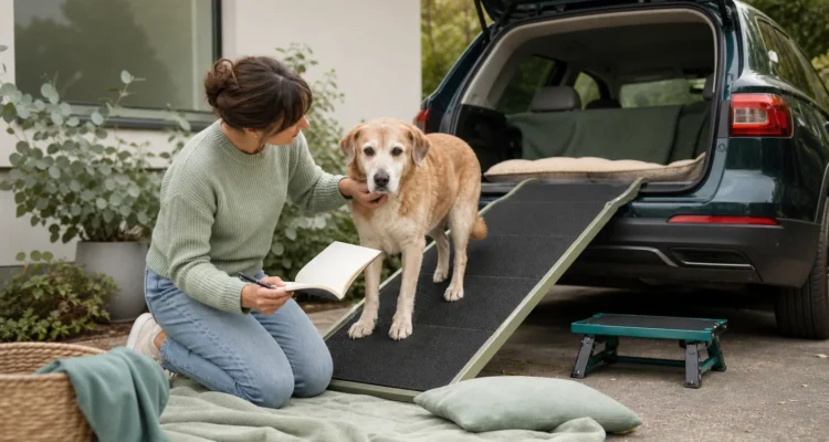 Healthy Paws Essentials scene illustrating car environment safety for senior and mobility-limited dogs