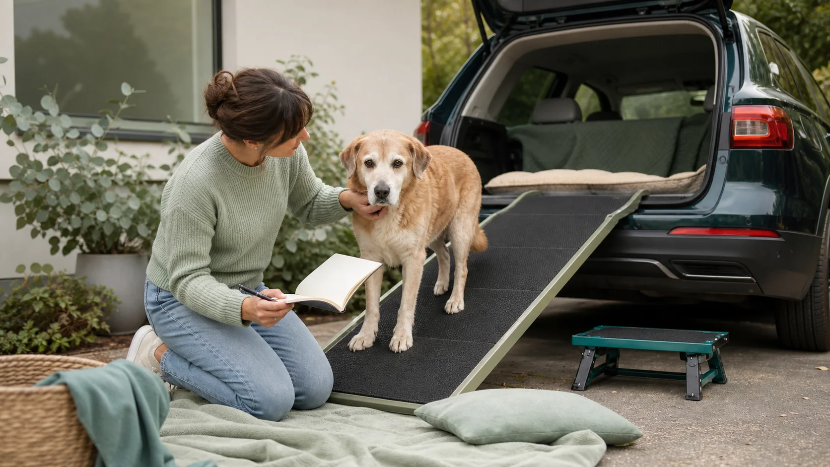 Healthy Paws Essentials scene illustrating car environment safety for senior and mobility-limited dogs