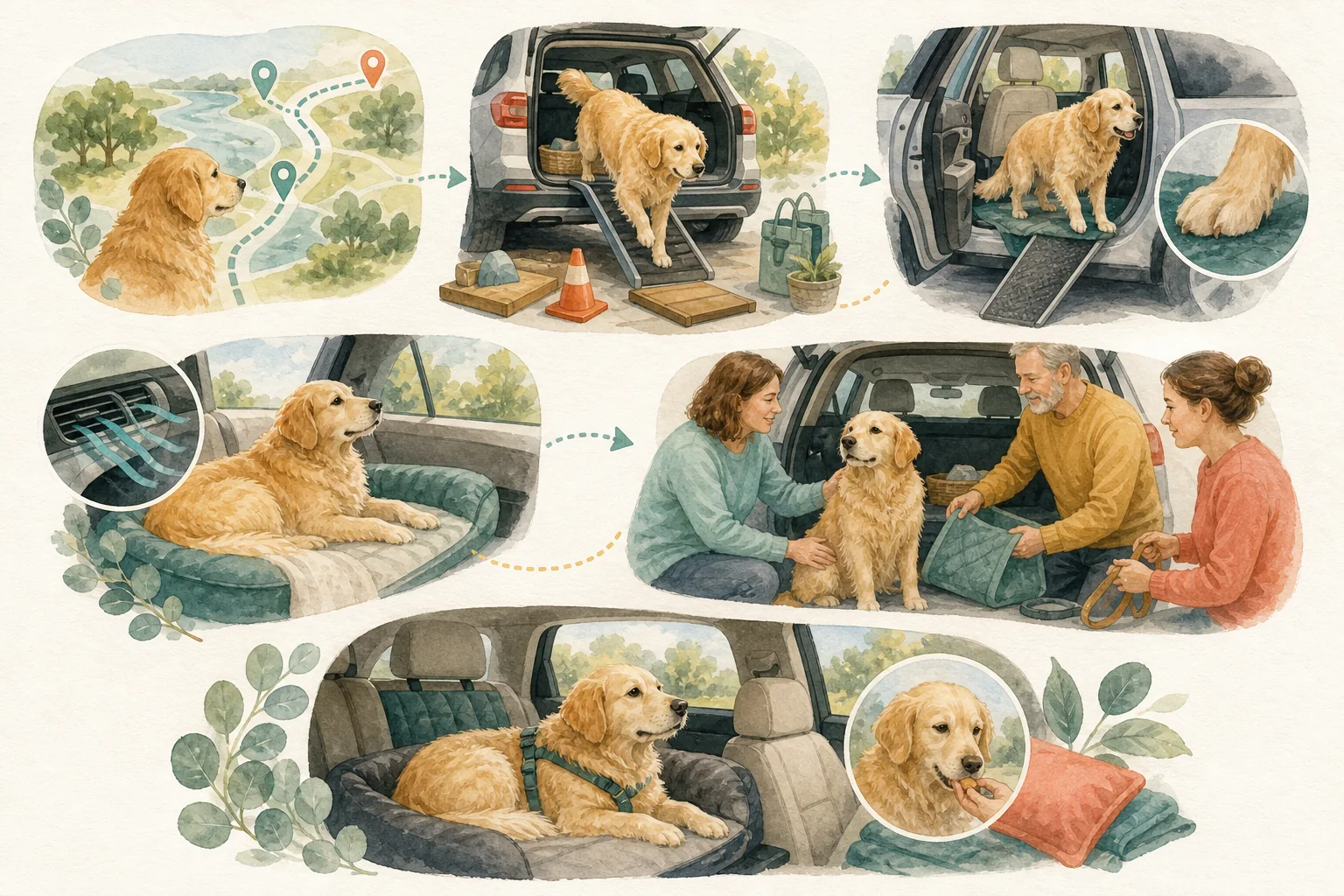 Illustrated owner guide for car environment safety for senior and mobility-limited dogs