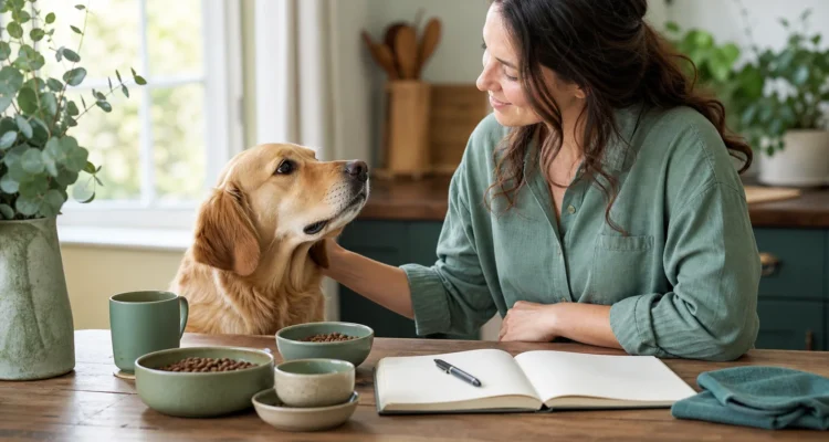 Healthy Paws Essentials scene illustrating safe dog food transitions and toxin risk awareness