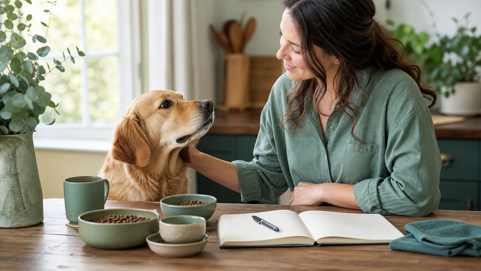 Healthy Paws Essentials scene illustrating safe dog food transitions and toxin risk awareness