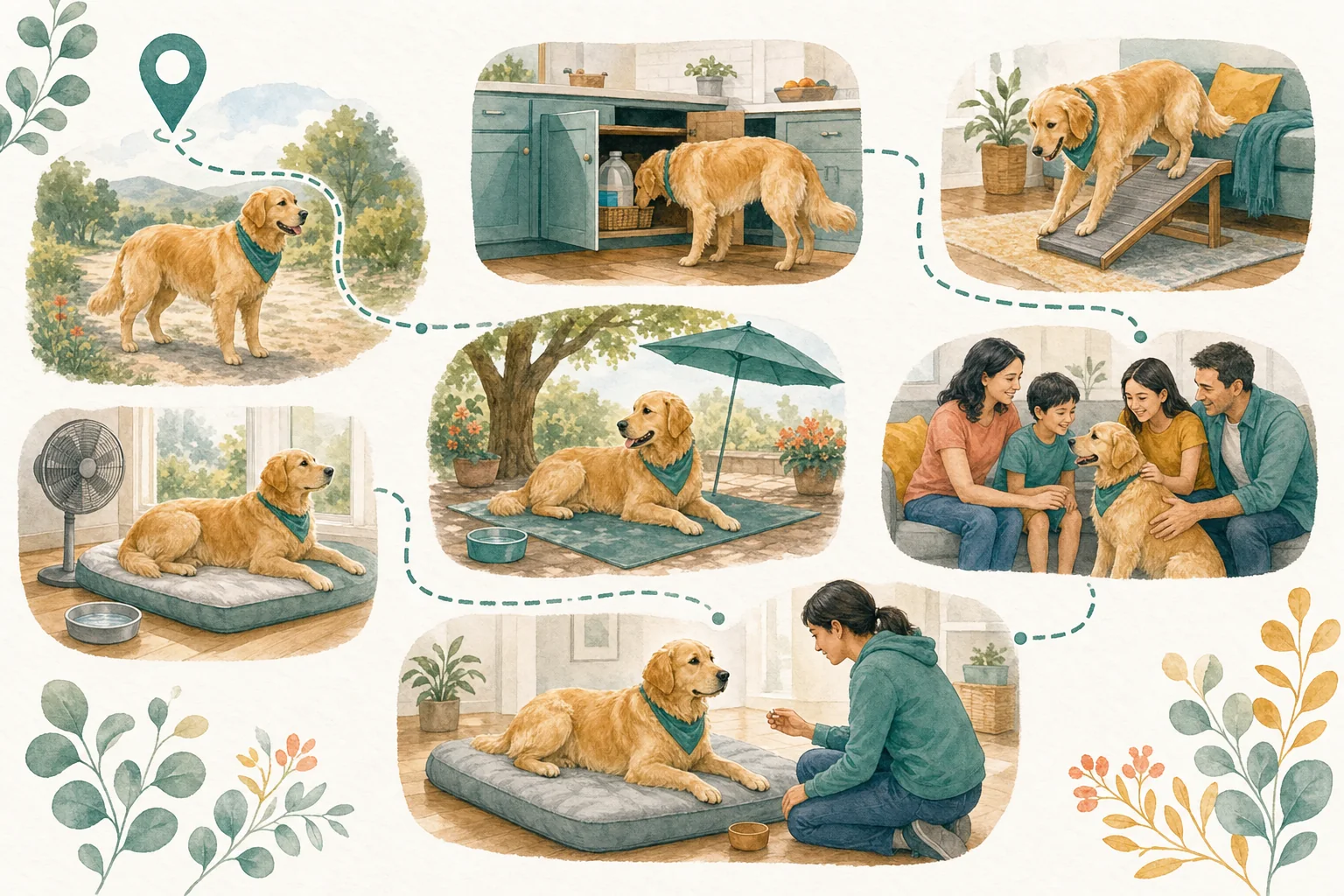Illustrated owner guide for safe dog food transitions and toxin risk awareness