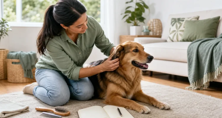 Healthy Paws Essentials scene illustrating parasite awareness and skin & coat checks for adult dogs