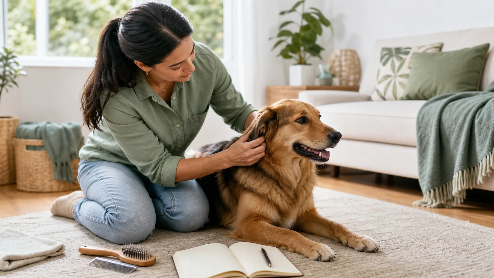 Healthy Paws Essentials scene illustrating parasite awareness and skin & coat checks for adult dogs
