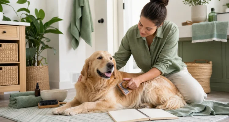 Healthy Paws Essentials scene illustrating life-stage grooming and hygiene framework for dogs