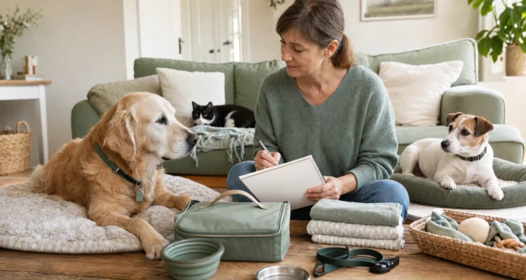 Healthy Paws Essentials scene illustrating emergency prep mini-checklist for senior dogs in multi-pet homes
