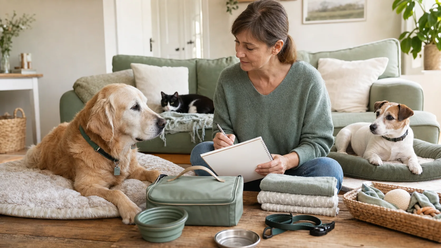 Healthy Paws Essentials scene illustrating emergency prep mini-checklist for senior dogs in multi-pet homes