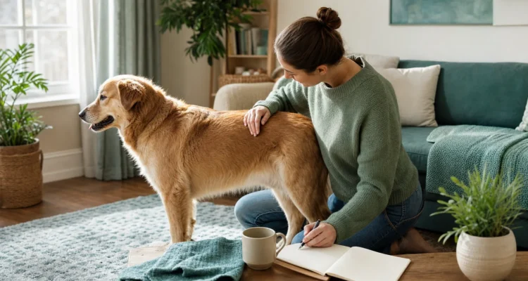 Healthy Paws Essentials scene illustrating weekly body condition tracking for adult dogs