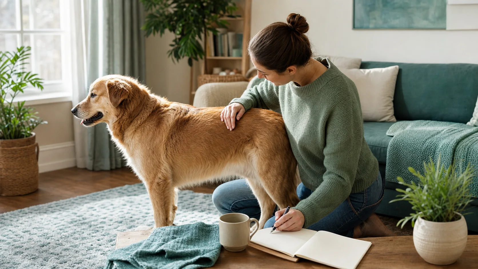 Healthy Paws Essentials scene illustrating weekly body condition tracking for adult dogs