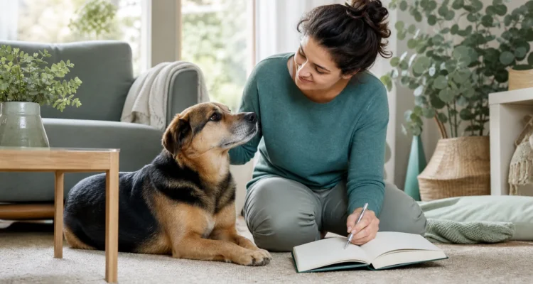 Healthy Paws Essentials scene illustrating quarterly life-stage wellness review for dogs