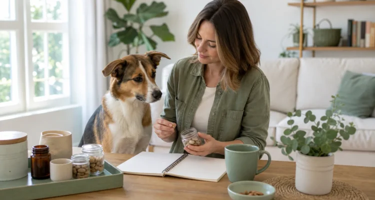 Healthy Paws Essentials scene illustrating methodical supplement review for dogs