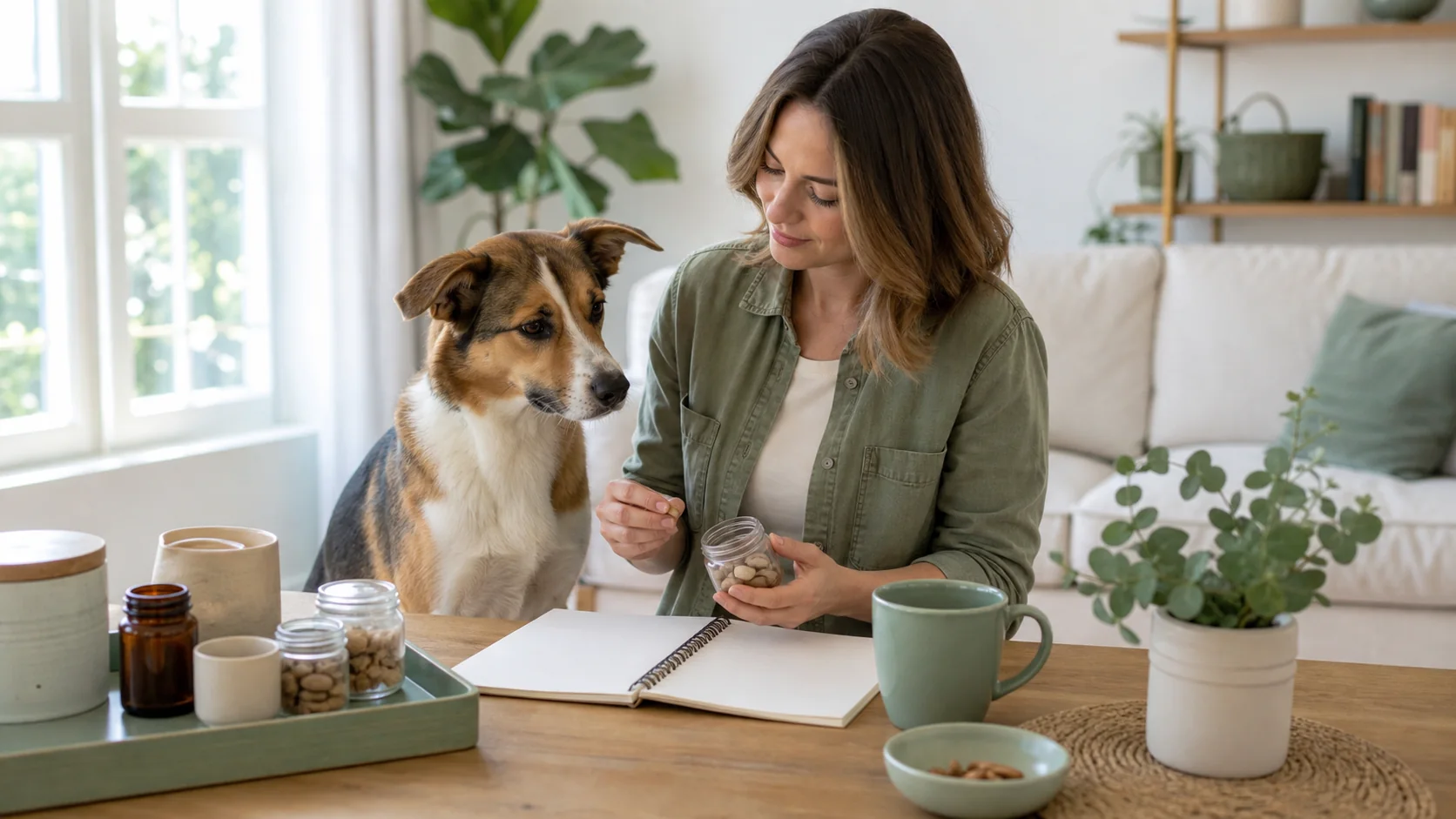 Healthy Paws Essentials scene illustrating methodical supplement review for dogs