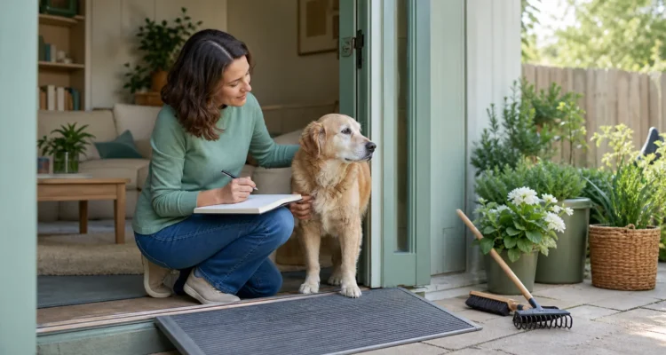 Healthy Paws Essentials scene illustrating seasonal home and yard safety check for dogs with joint or mobility issues