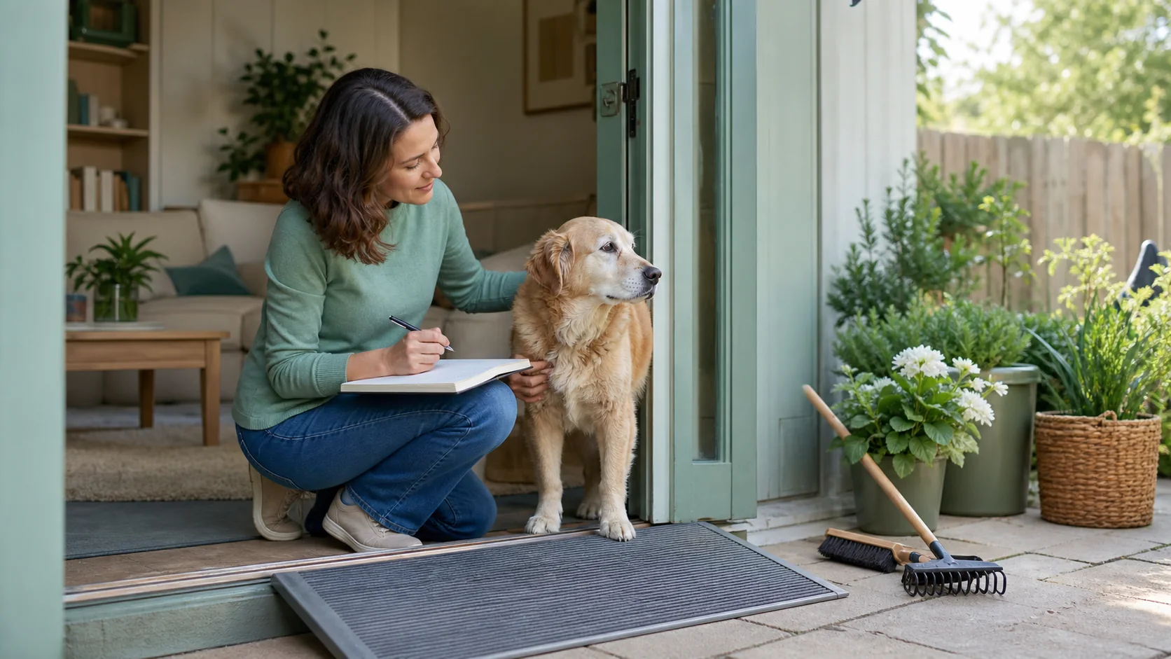 Healthy Paws Essentials scene illustrating seasonal home and yard safety check for dogs with joint or mobility issues