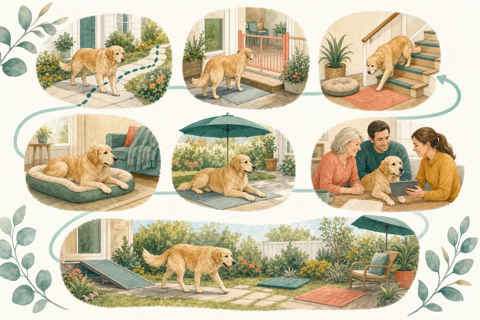 Illustrated owner guide for seasonal home and yard safety check for dogs with joint or mobility issues