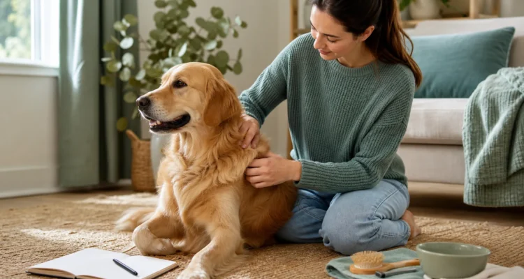Healthy Paws Essentials scene illustrating biweekly skin and coat check for dogs