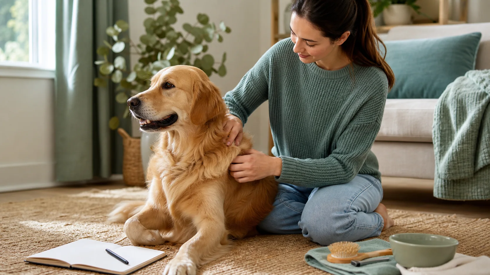 Healthy Paws Essentials scene illustrating biweekly skin and coat check for dogs