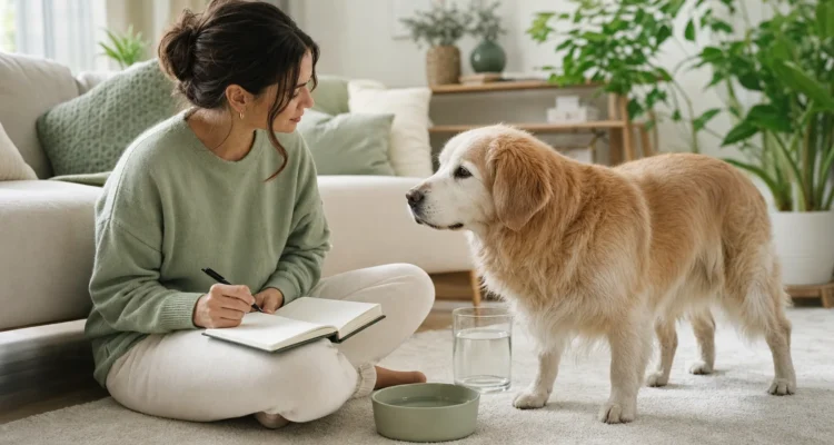 Healthy Paws Essentials scene illustrating tracking early signs of kidney-related changes in senior dogs at home
