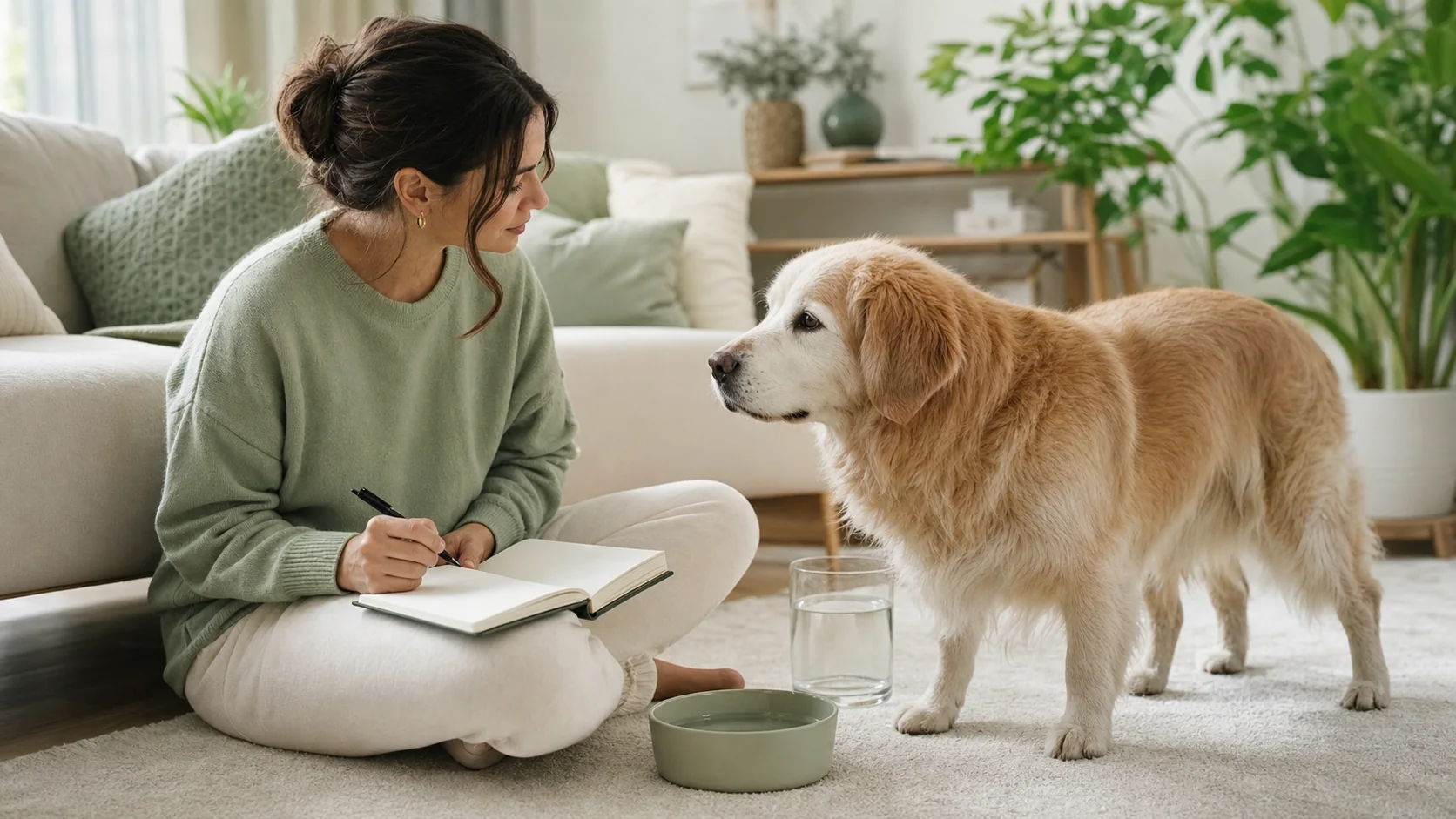 Healthy Paws Essentials scene illustrating tracking early signs of kidney-related changes in senior dogs at home