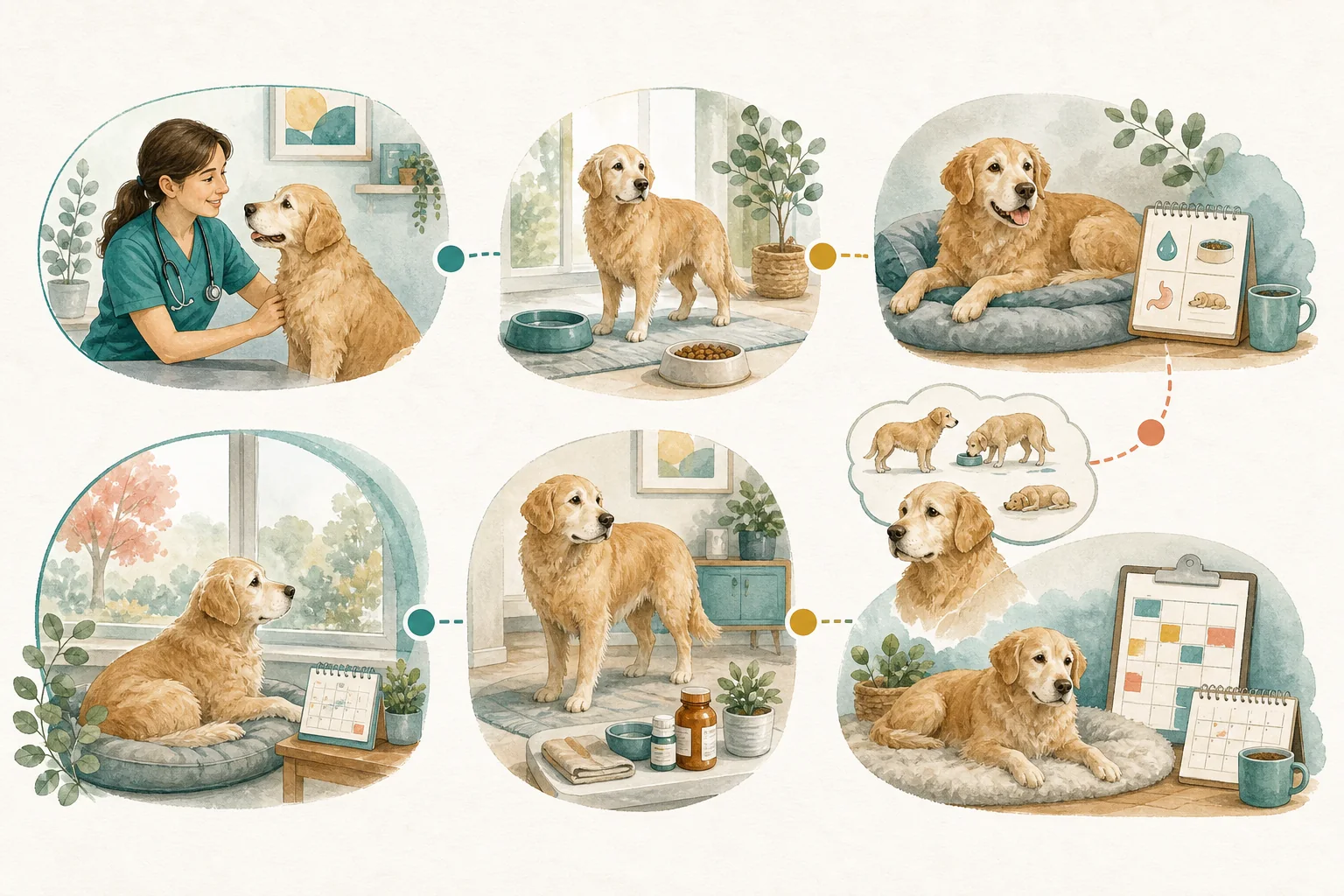 Illustrated owner guide for tracking early signs of kidney-related changes in senior dogs at home
