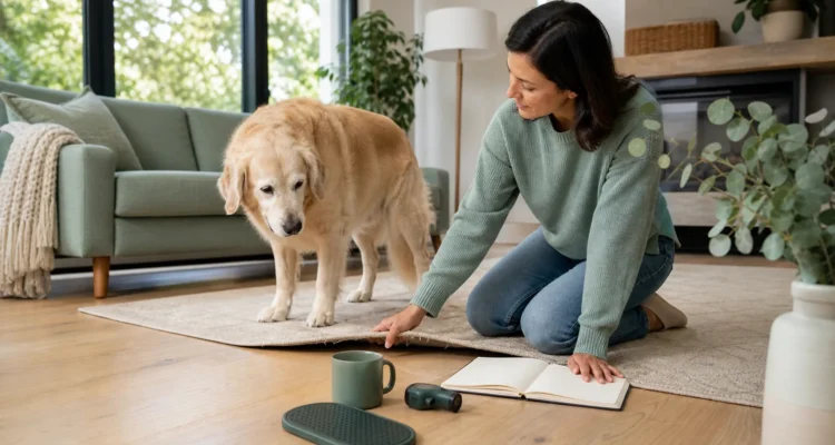 Healthy Paws Essentials scene illustrating at-home climate and footing safety check for senior dogs