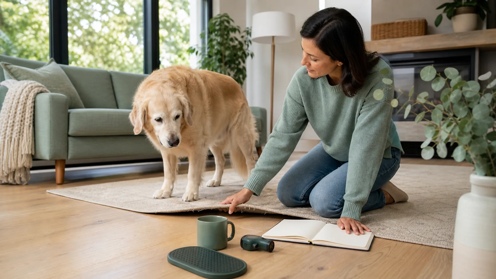 Healthy Paws Essentials scene illustrating at-home climate and footing safety check for senior dogs