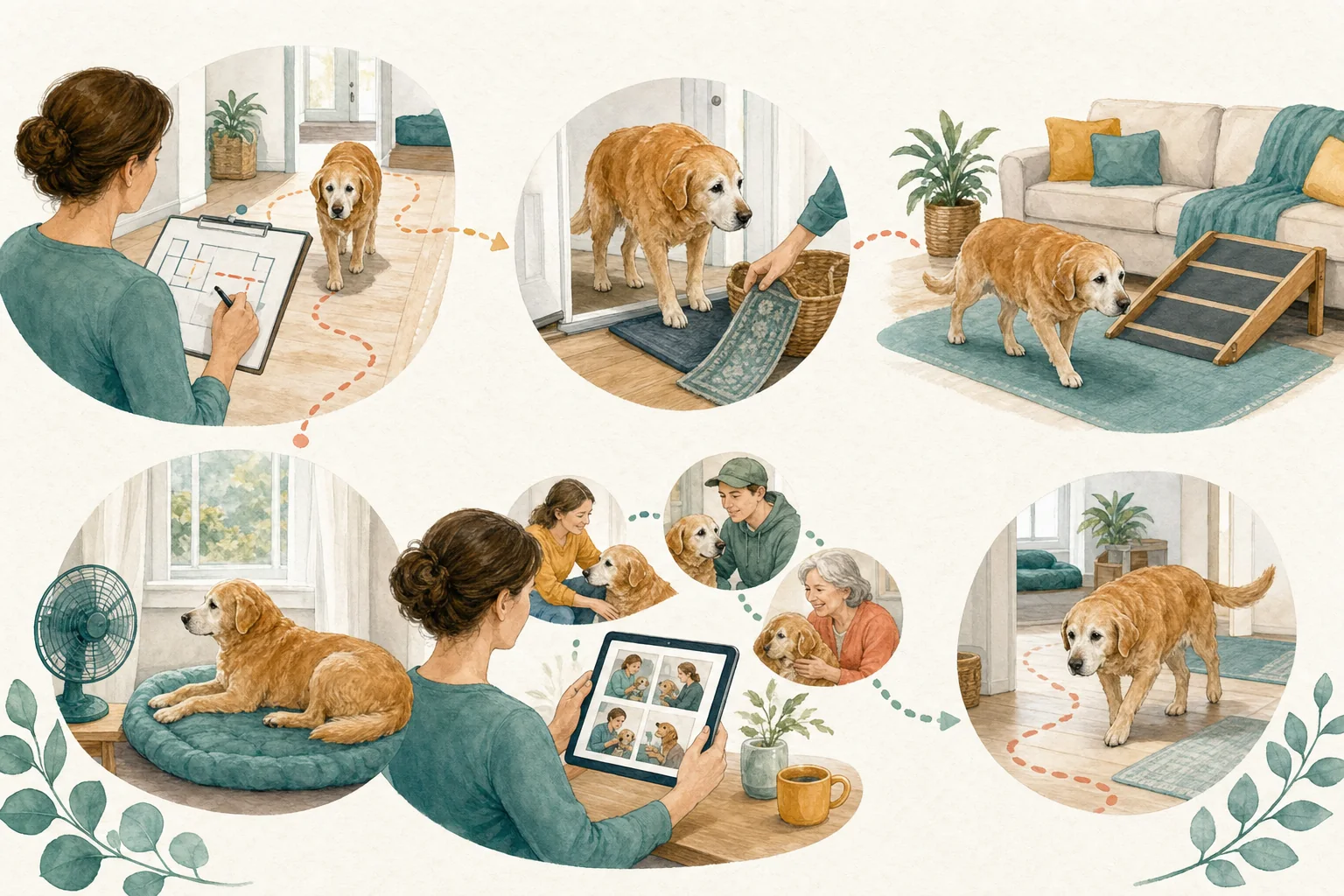 Illustrated owner guide for at-home climate and footing safety check for senior dogs