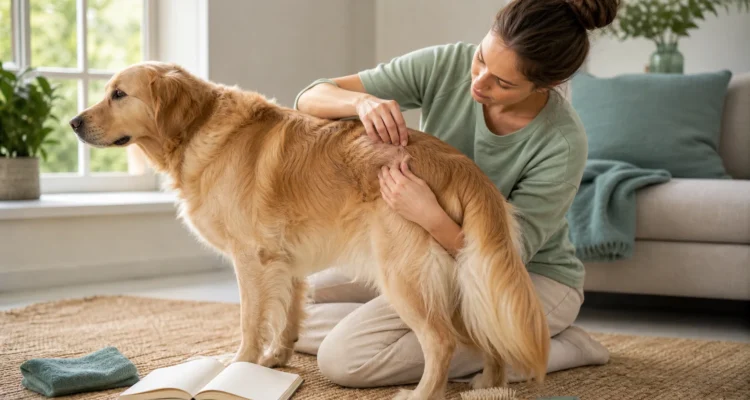 Healthy Paws Essentials scene illustrating visual skin and coat check for parasite risk in dogs