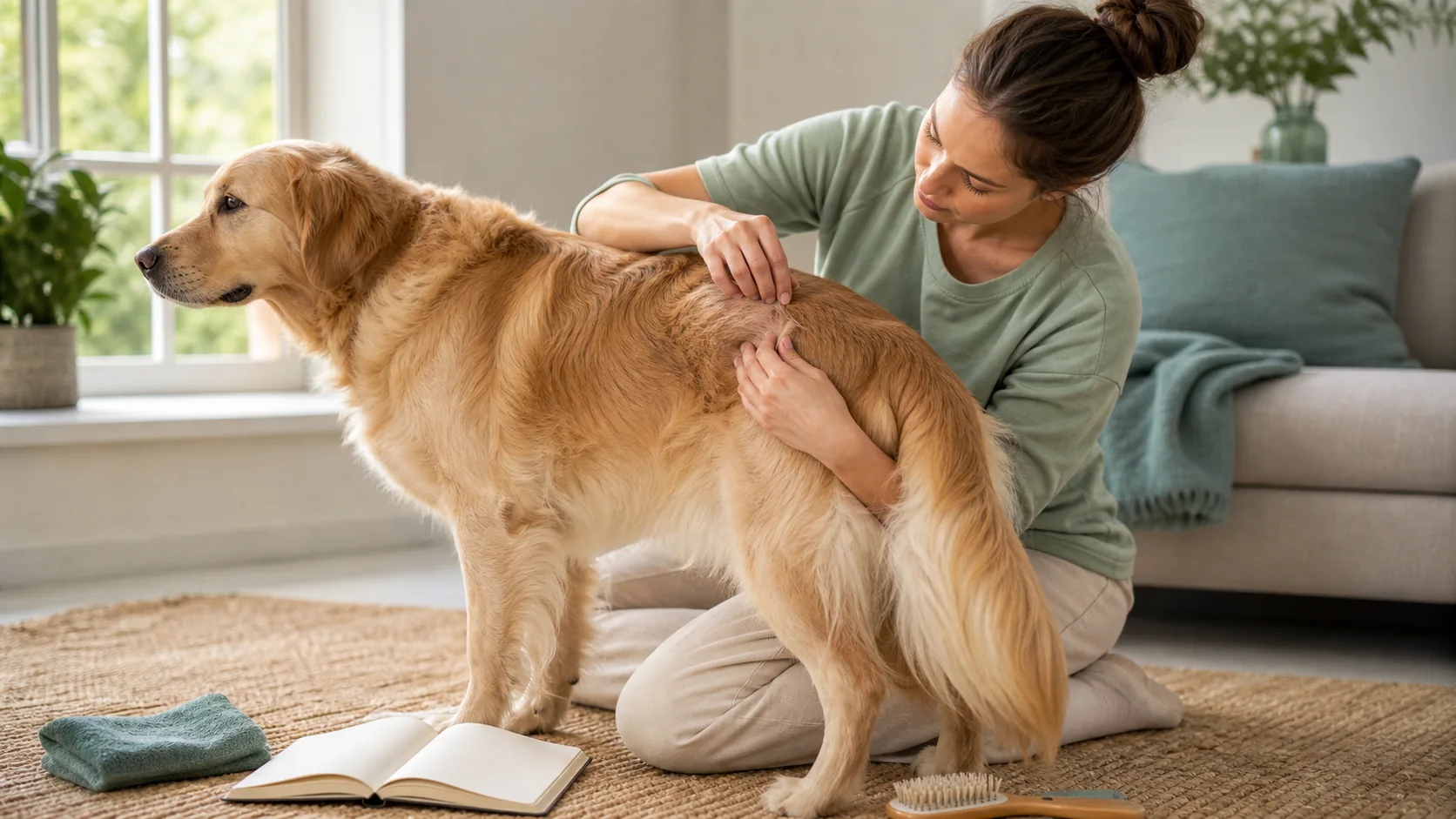 Healthy Paws Essentials scene illustrating visual skin and coat check for parasite risk in dogs