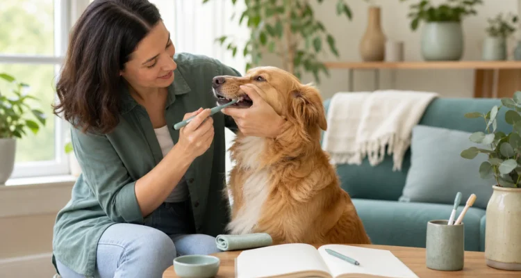 Healthy Paws Essentials scene illustrating practical dental care plan for busy dog owners