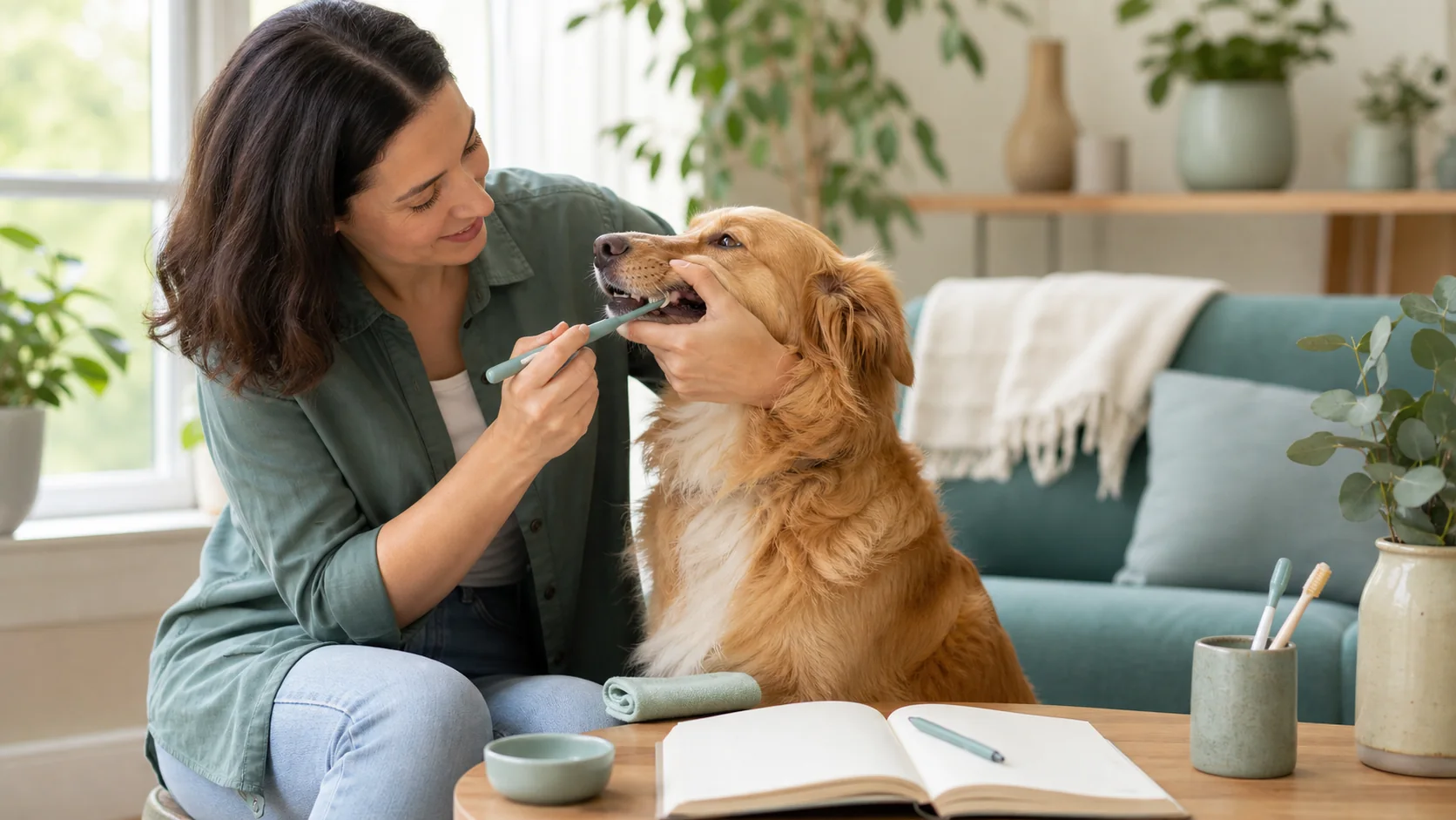 Healthy Paws Essentials scene illustrating practical dental care plan for busy dog owners