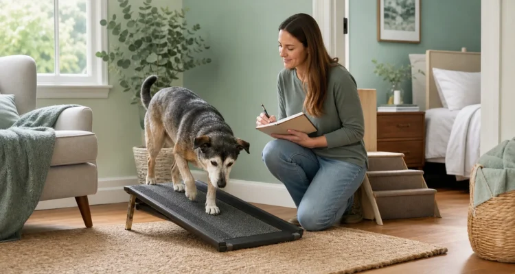 Healthy Paws Essentials scene illustrating room-by-room home modifications for senior dogs with mobility concerns